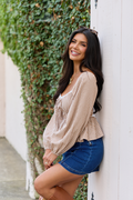 Gather Around Taupe Gingham Long Sleeve Top