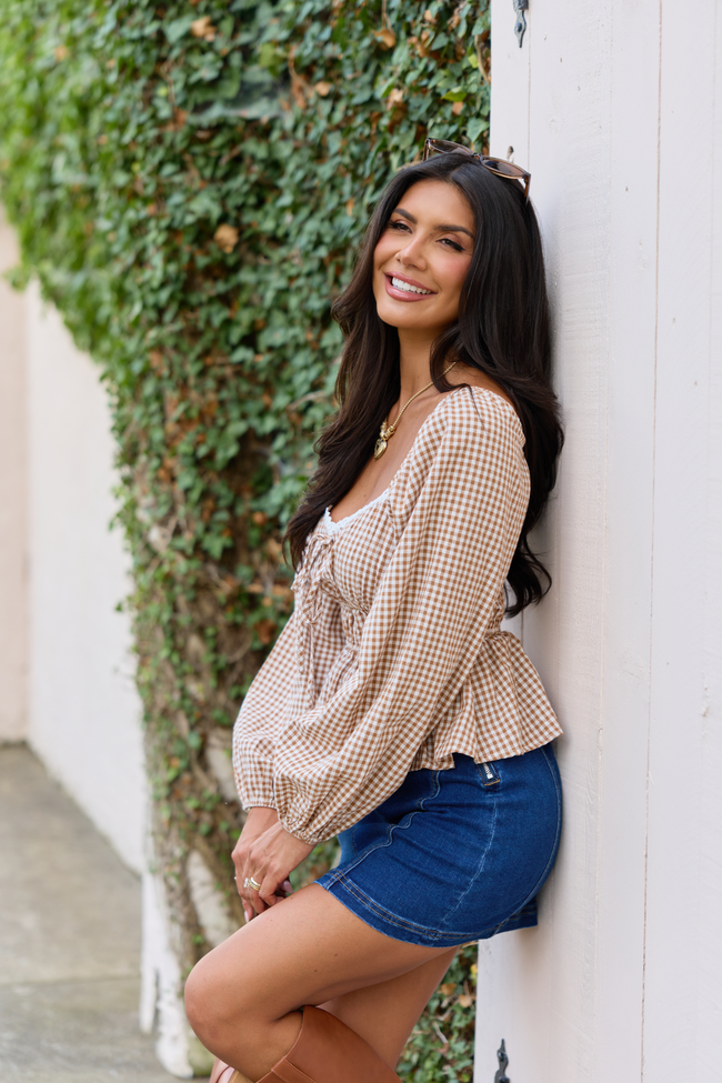 Gather Around Taupe Gingham Long Sleeve Top