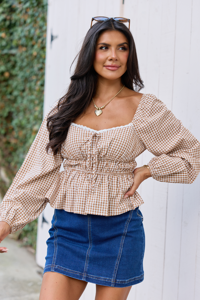 Gather Around Taupe Gingham Long Sleeve Top