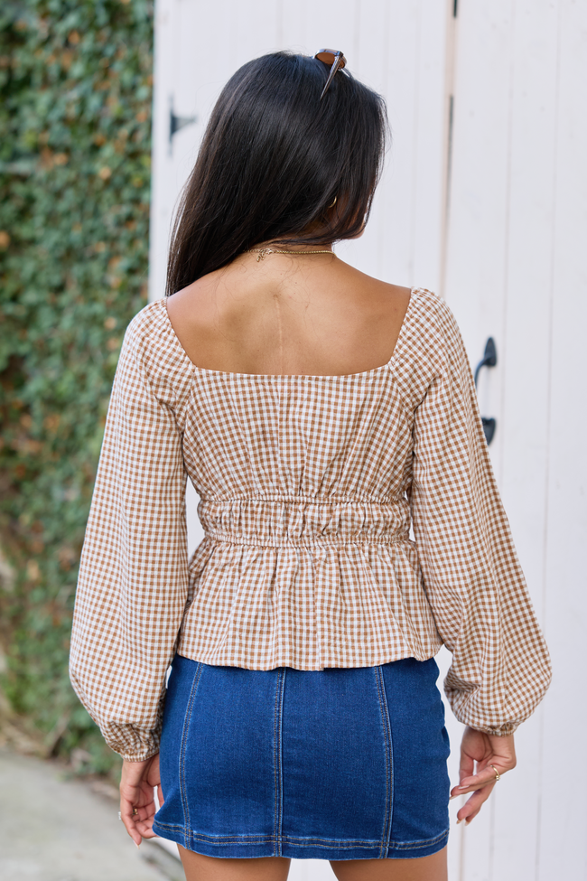Gather Around Taupe Gingham Long Sleeve Top