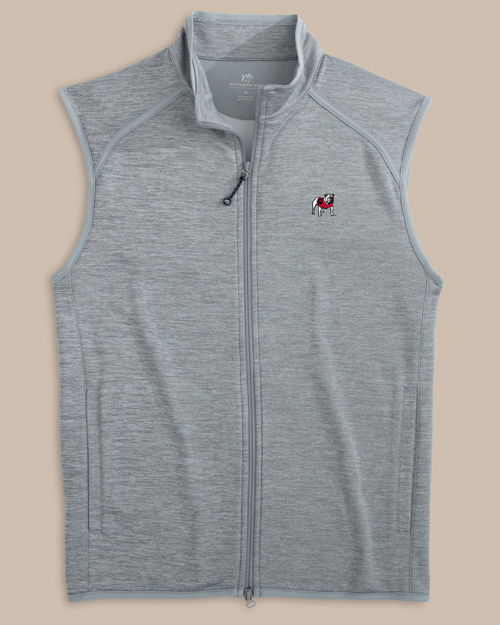 The front view of the Georgia Bulldogs Baybrook Heather Vest by Southern Tide - Heather Ultimate Grey