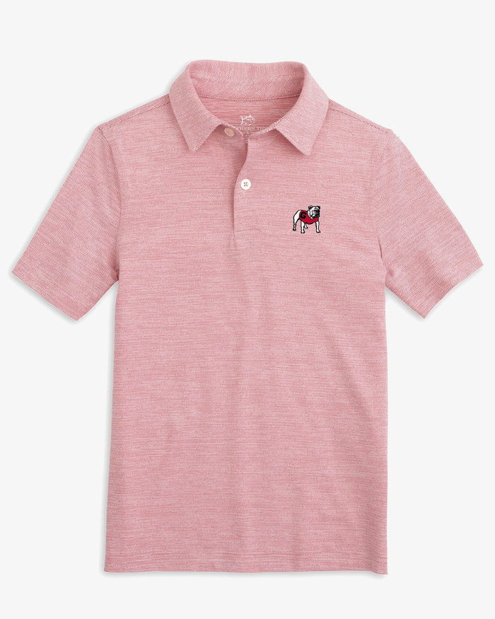 The front view of the Georgia Bulldogs Boys Driver Spacedye Performance Polo Shirt by Southern Tide - Varsity Red
