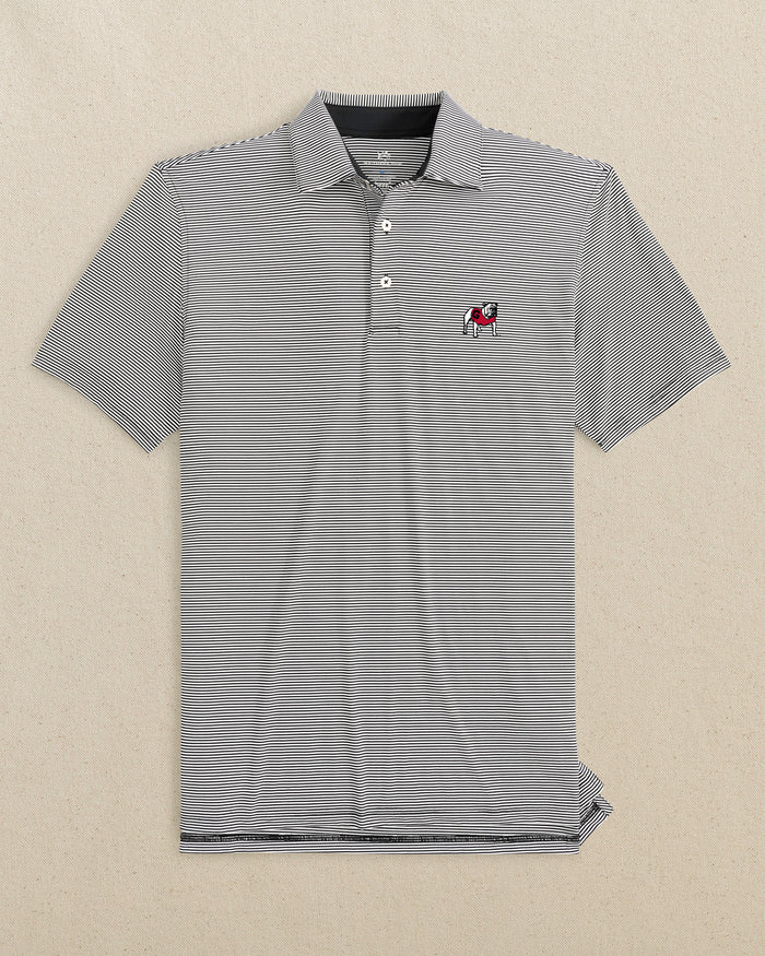 The front view of the Southern Tide Georgia Bulldogs brrr°®-eeze Meadowbrook Stripe Polo by Southern Tide - Caviar Black