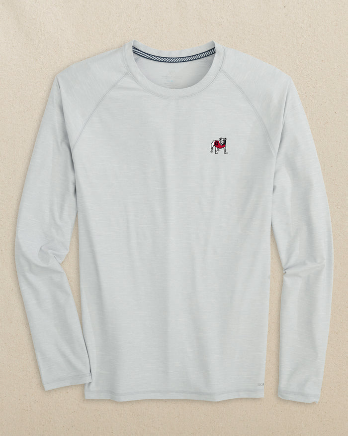 The front view of the Southern Tide Georgia Bulldogs brrr°®-illiant Performance Long Sleeve T-Shirt by Southern Tide - Platinum Grey