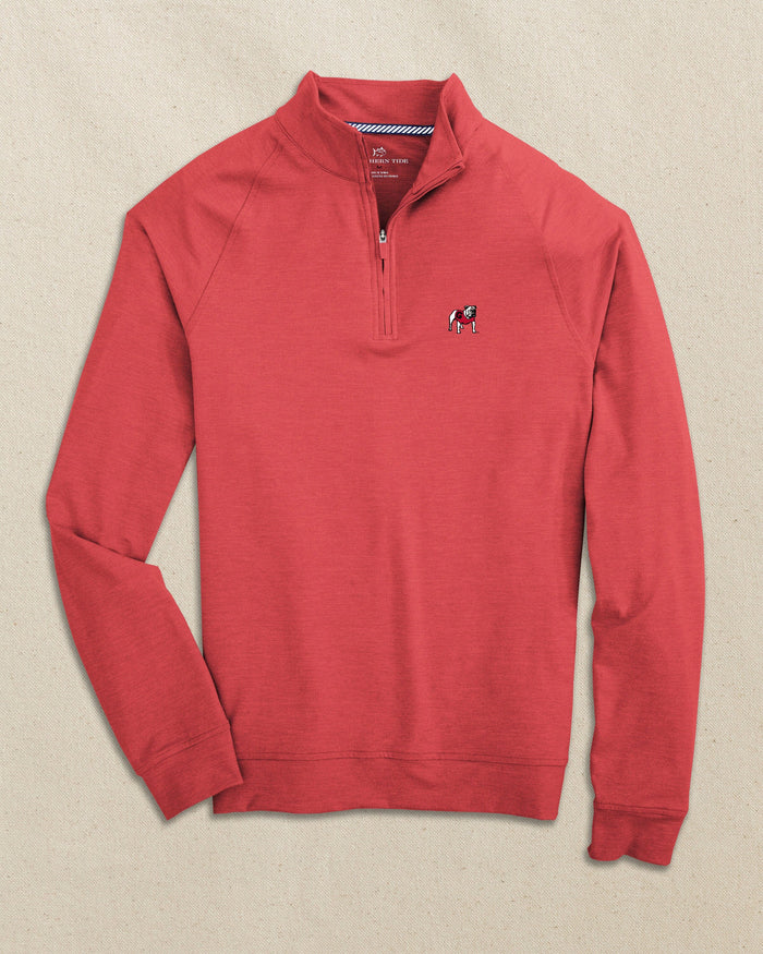 The front view of the Georgia Bulldogs Cruiser Heather Quarter Zip Pullover by Southern Tide - Heather Varsity Red