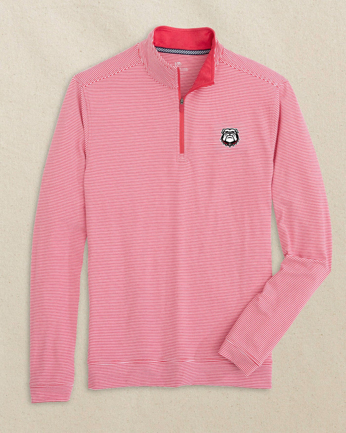 The front view of the Southern Tide Georgia Bulldogs Head Cruiser Micro-Stripe Quarter Zip by Southern Tide - Heather Varsity Red