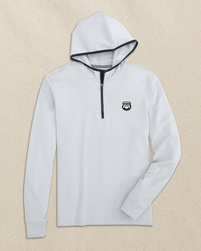 The front view of the Southern Tide Georgia Bulldogs Head Scuttle Quarter Zip Hoodie by Southern Tide - Heather Slate Grey