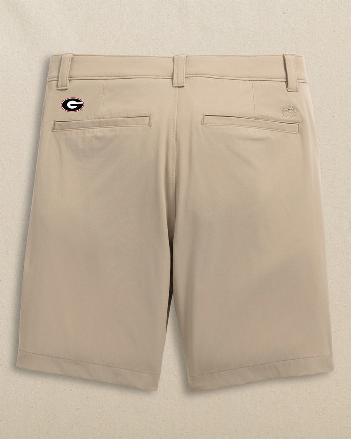 The back view of the Southern Tide Georgia Bulldogs Oval G Birdie 8" Coastal Breeze® Performance Short by Southern Tide - Sandstone Khaki