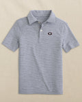 The front view of the Southern Tide Georgia Bulldogs Oval G Boys Driver Spacedye Polo Shirt by Southern Tide - Slate Grey