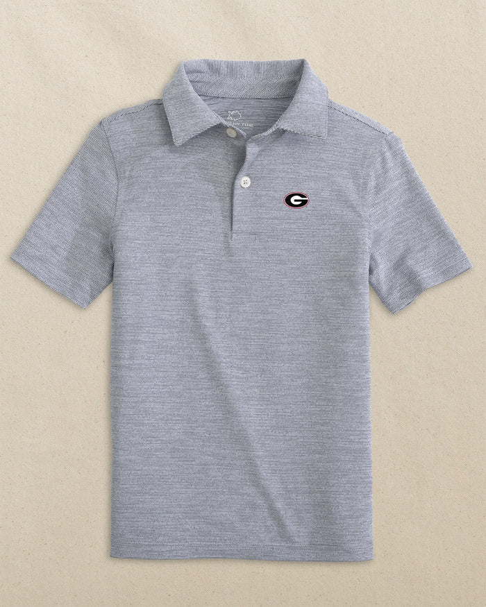 The front view of the Southern Tide Georgia Bulldogs Oval G Boys Driver Spacedye Polo Shirt by Southern Tide - Slate Grey