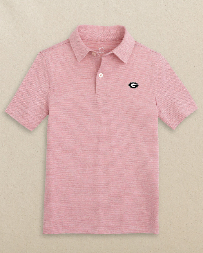 The front view of the Southern Tide Georgia Bulldogs Oval G Boys Driver Spacedye Polo Shirt by Southern Tide - Varsity Red
