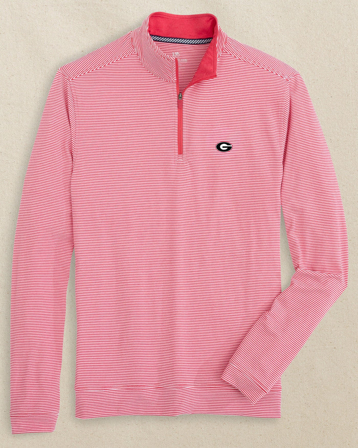 The front view of the Southern Tide Georgia Bulldogs Oval G Cruiser Micro-Stripe Quarter Zip by Southern Tide - Heather Varsity Red