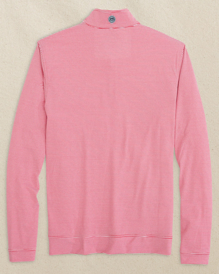 The back view of the Southern Tide Georgia Bulldogs Oval G Cruiser Micro-Stripe Quarter Zip by Southern Tide - Heather Varsity Red