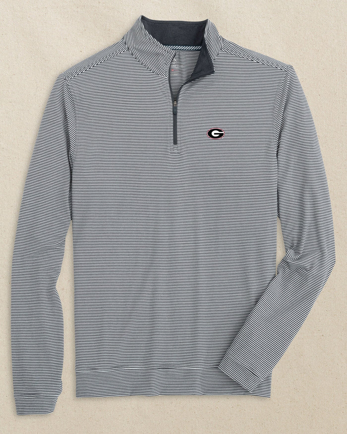 The front view of the Southern Tide Georgia Bulldogs Oval G Cruiser Micro-Stripe Quarter Zip by Southern Tide - Heather Black