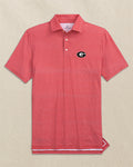The front view of the Southern Tide Georgia Bulldogs Oval G Driver Dunes Edge Plaid Polo by Southern Tide - Varsity Red