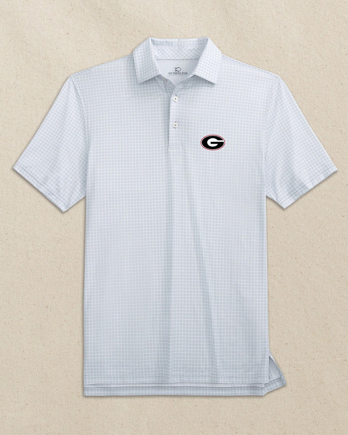 The front view of the Southern Tide Georgia Bulldogs Oval G Driver Dunes Edge Plaid Polo by Southern Tide - Slate Grey
