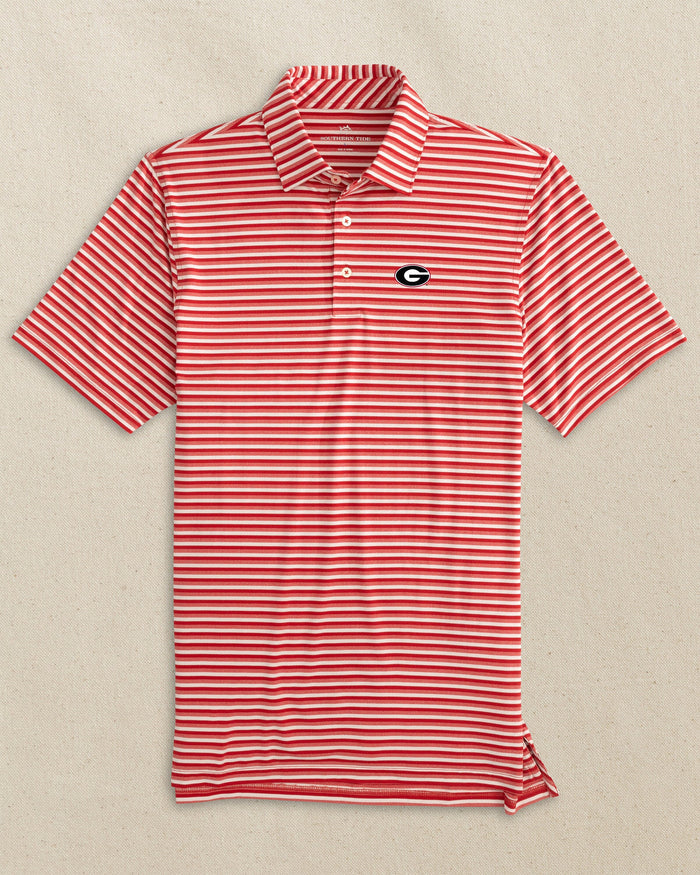 The front view of the Southern Tide Georgia Bulldogs Oval G Heather Stripe Polo by Southern Tide - Varsity Red