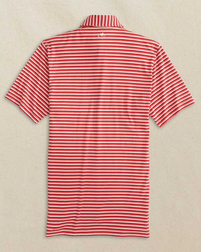 The back view of the Southern Tide Georgia Bulldogs Oval G Heather Stripe Polo by Southern Tide - Varsity Red