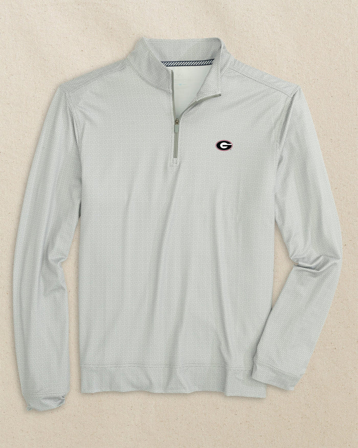 The front view of the Southern Tide Georgia Bulldogs Oval G Pine Ridge Print Cruiser Quarter Zip by Southern Tide - Steel Grey