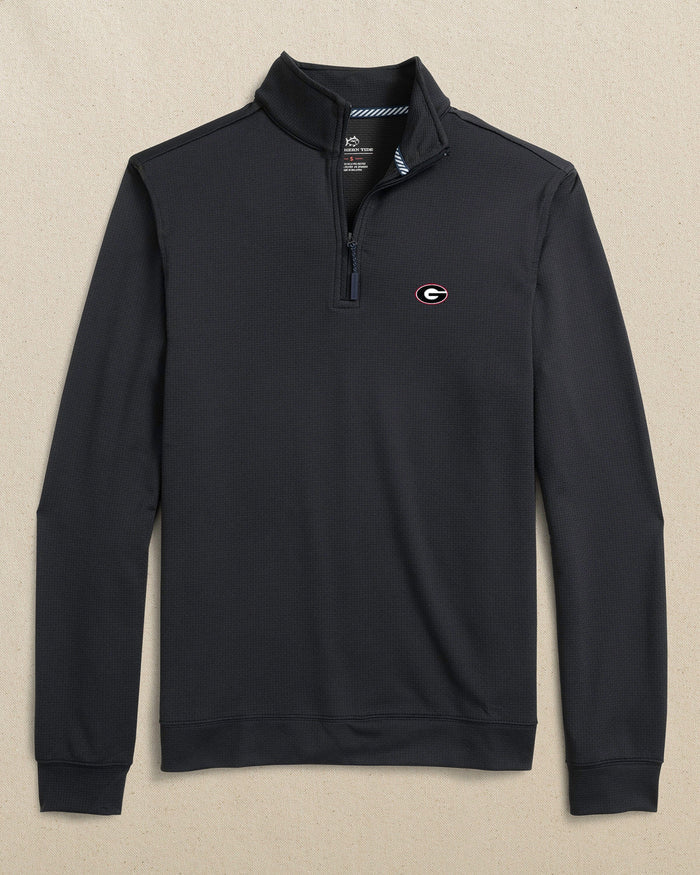 The front view of the Southern Tide Georgia Bulldogs Oval G Schooner Quarter Zip by Southern Tide - Caviar Black