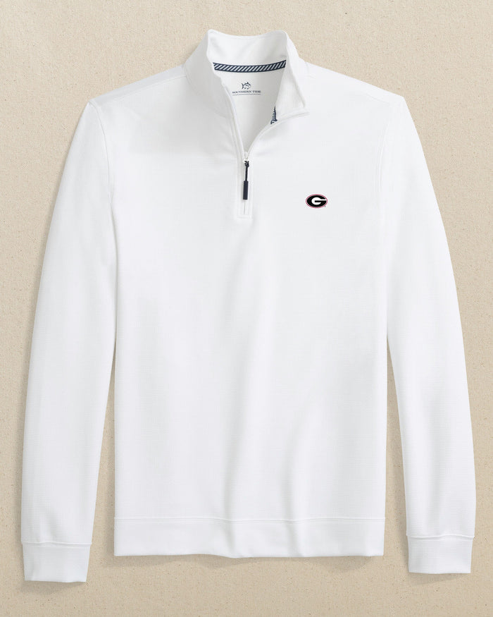 The front view of the Southern Tide Georgia Bulldogs Oval G Schooner Quarter Zip by Southern Tide - Classic White