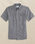 The front view of the Southern Tide Georgia Bulldogs Oval G Short Sleeve Button Down Dock Shirt by Southern Tide - Polarized Grey