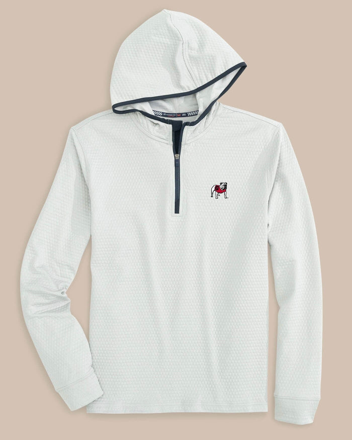 The front view of the Georgia Bulldogs Scuttle Performance Quarter Zip Hoodie by Southern Tide - Heather Slate Grey
