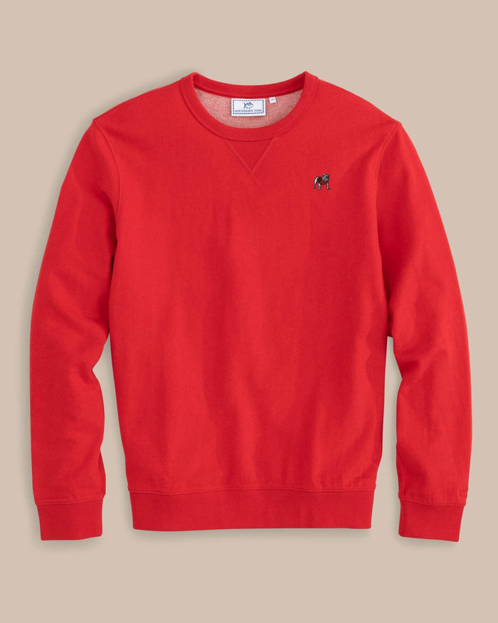 The front view of the Georgia Upper Deck Pullover Sweatshirt by Southern Tide - Heather Varsity Red