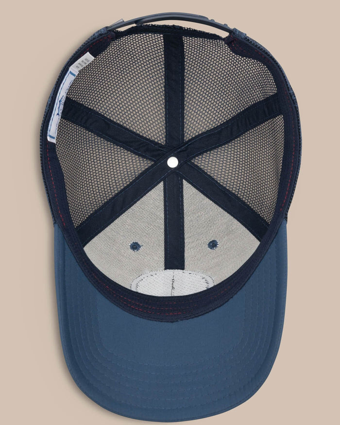 The below view of the Men's Georgia Patch Performance Trucker Hat by Southern Tide - Seven Seas Blue