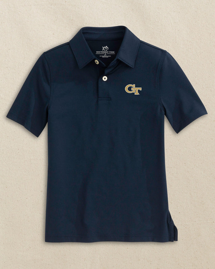 The front view of the Southern Tide Georgia Tech Boys Driver Performance Polo Shirt by Southern Tide - True Navy