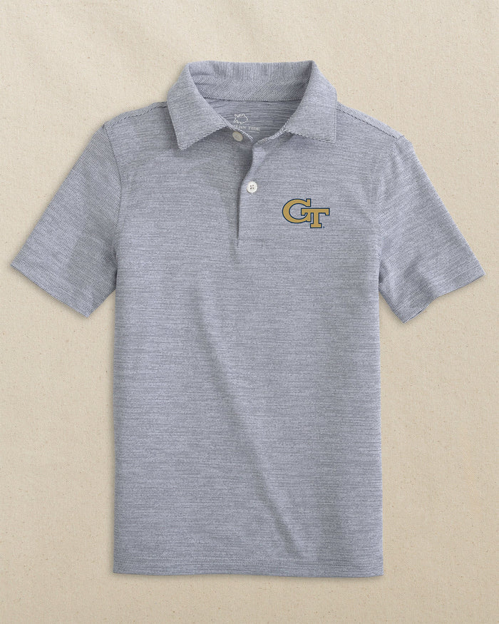 The front view of the Southern Tide Georgia Tech Boys Driver Spacedye Polo Shirt by Southern Tide - Navy