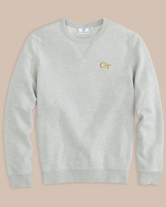The front view of the Southern Tide Georgia Tech Upper Deck Pullover Sweatshirt by Southern Tide - Heather Slate Grey