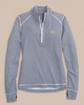 The front view of the Southern Tide Georgia Tech Women's Striped Runaround Quarter Zip by Southern Tide - Dress Blue