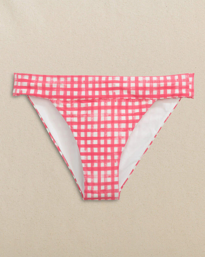 The front view of the Southern Tide Gingham Banded Bikini Bottom by Southern Tide - Island Pink