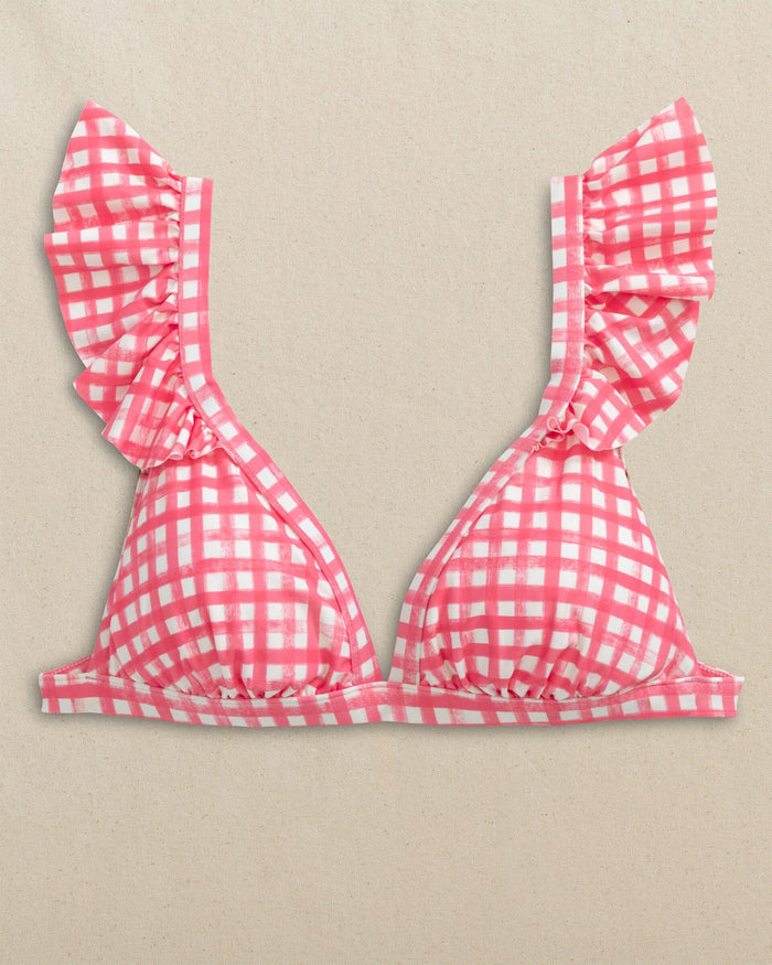 The front view of the Southern Tide Gingham Banded Ruffle Bikini Top by Southern Tide - Island Pink