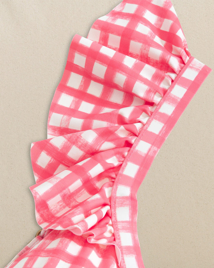 The detail view of the Southern Tide Gingham Banded Ruffle Bikini Top by Southern Tide - Island Pink