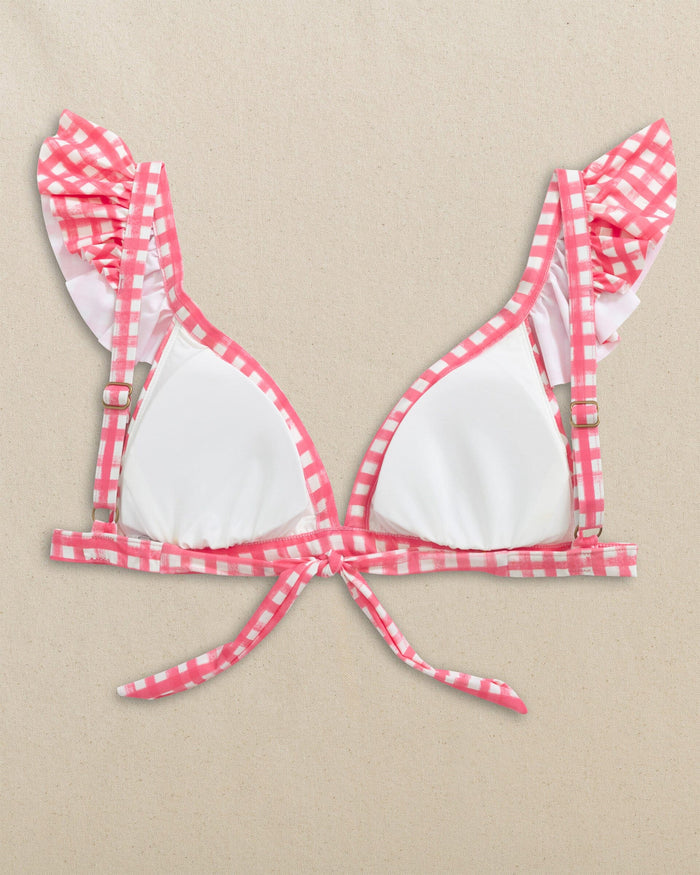 The back view of the Southern Tide Gingham Banded Ruffle Bikini Top by Southern Tide - Island Pink