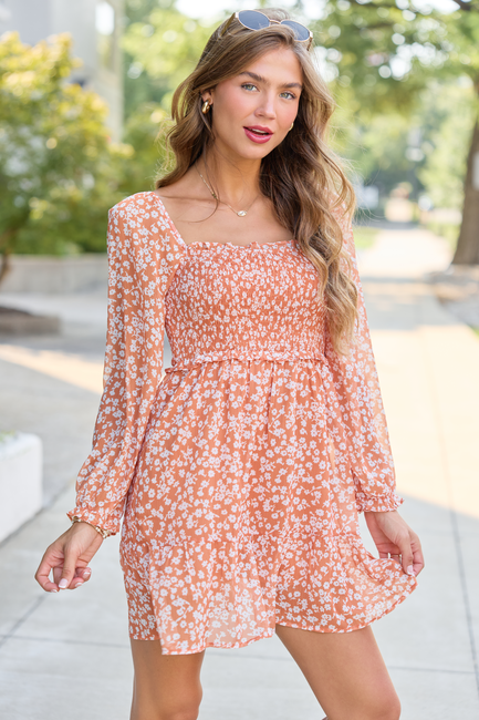 Gloria Orange Floral Printed Long Sleeve Romper Dress