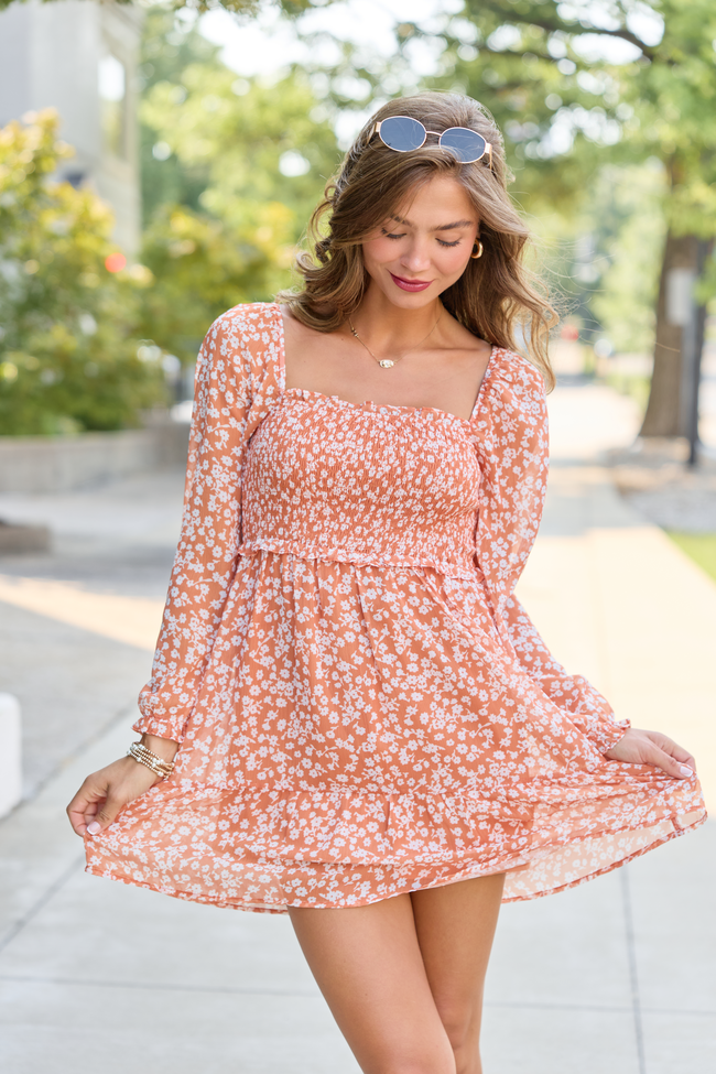 Gloria Orange Floral Printed Long Sleeve Romper Dress