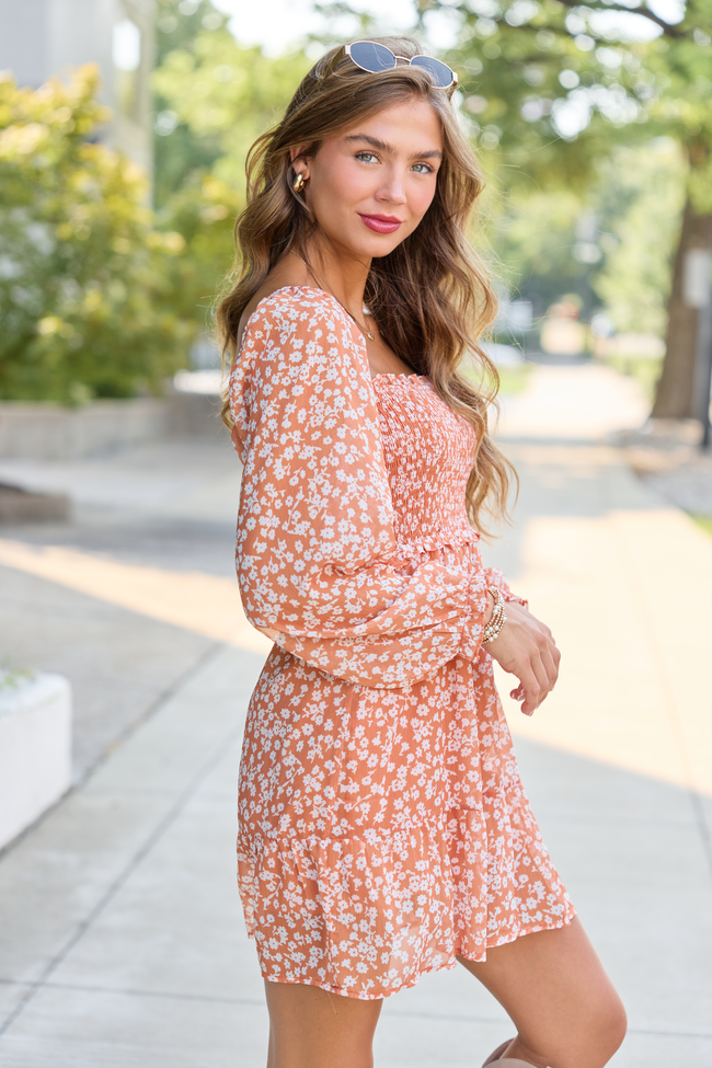 Gloria Orange Floral Printed Long Sleeve Romper Dress