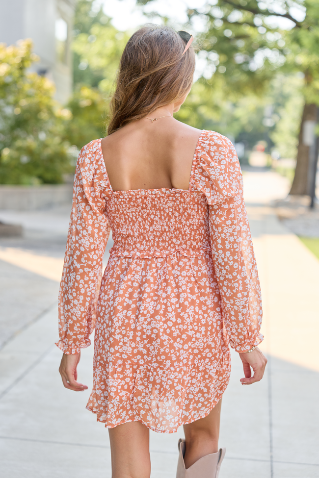 Gloria Orange Floral Printed Long Sleeve Romper Dress