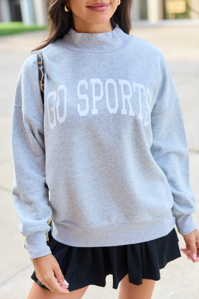 Go Sports Block White Text Light Grey Graphic Mock Neck Sweatshirt