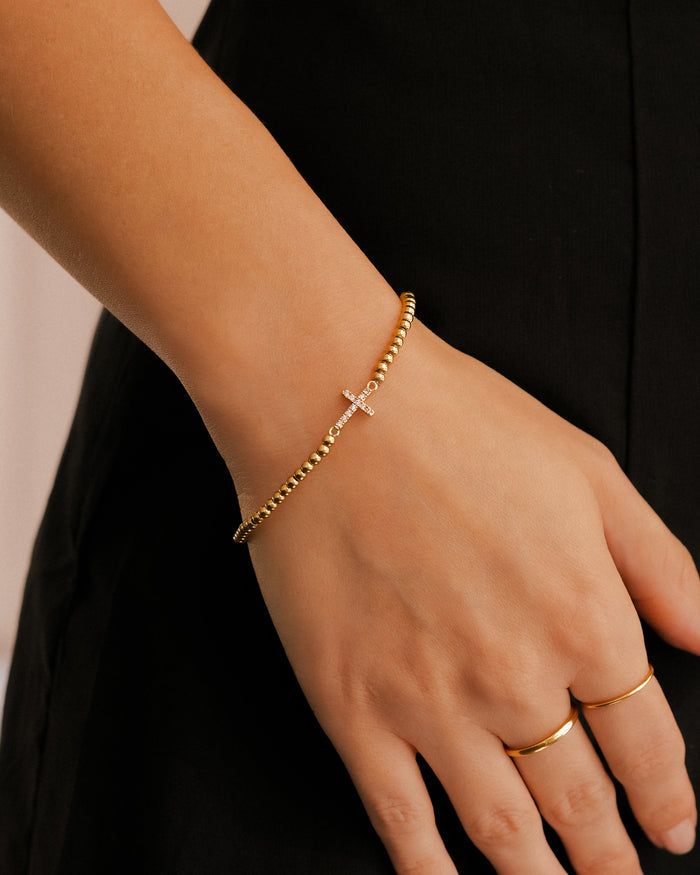 Gold Beaded Cross Stretch Bracelet
