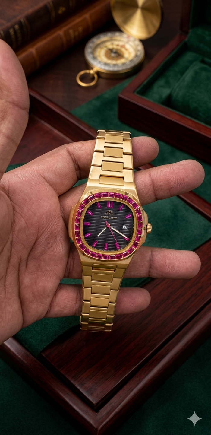 Gold Chain Black Dial Watch Dimond Dial Men's Watch – Luxury Stylish Wrist Watch for Men