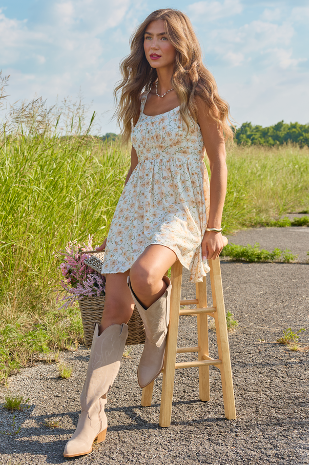 Golden Glow Ivory Floral Mini Dress
