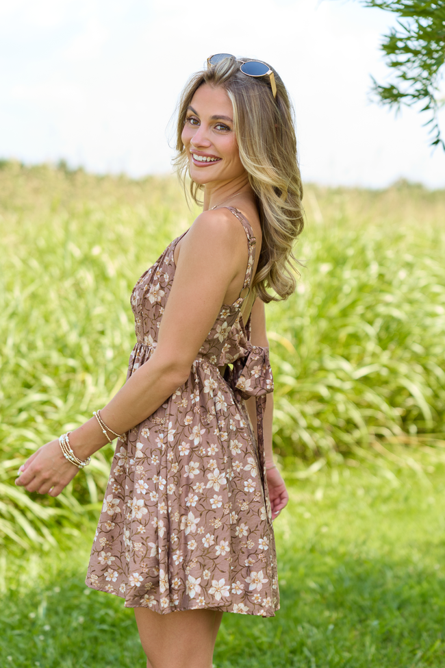 Golden Glow Mocha Floral Mini Dress