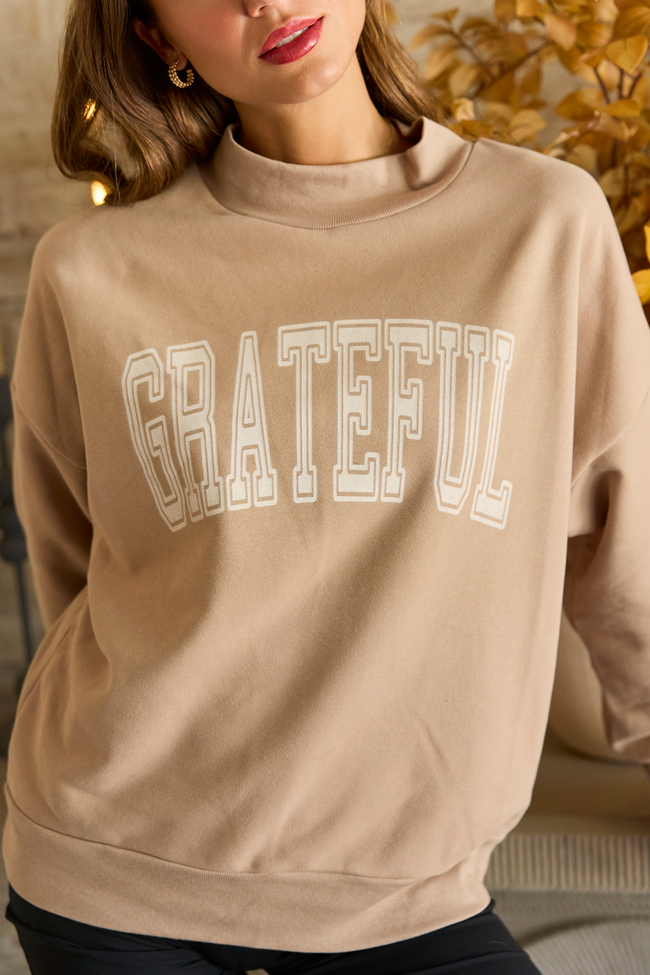 Grateful Taupe Mock Neck Graphic Sweatshirt