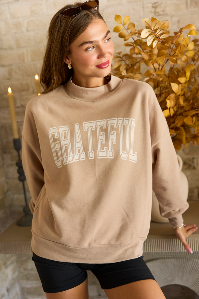 Grateful Taupe Mock Neck Graphic Sweatshirt