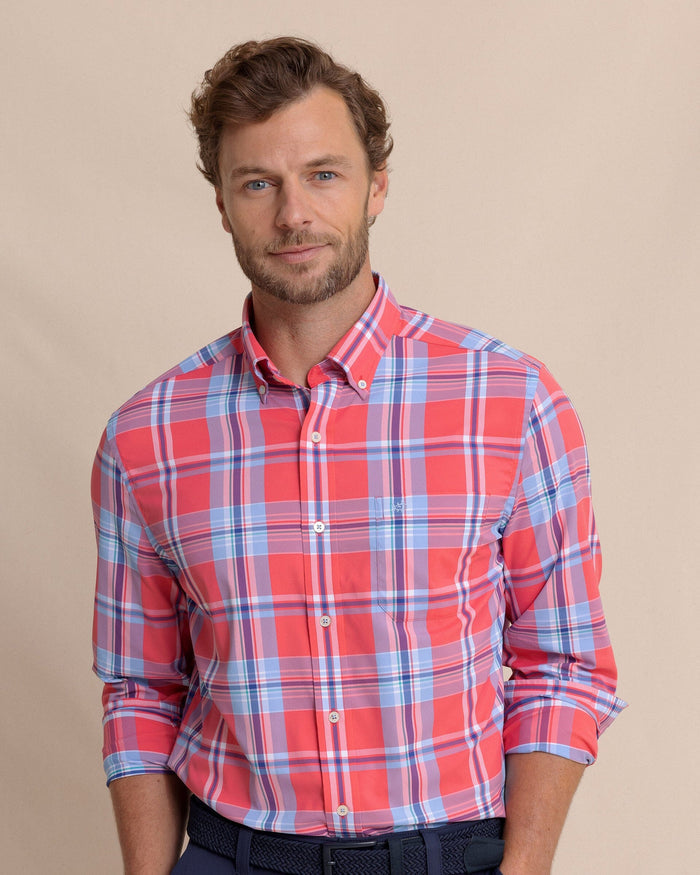 The front view of the Southern Tide Greenview Plaid Intercoastal Long Sleeve Sport Shirt by Southern Tide - Snapper