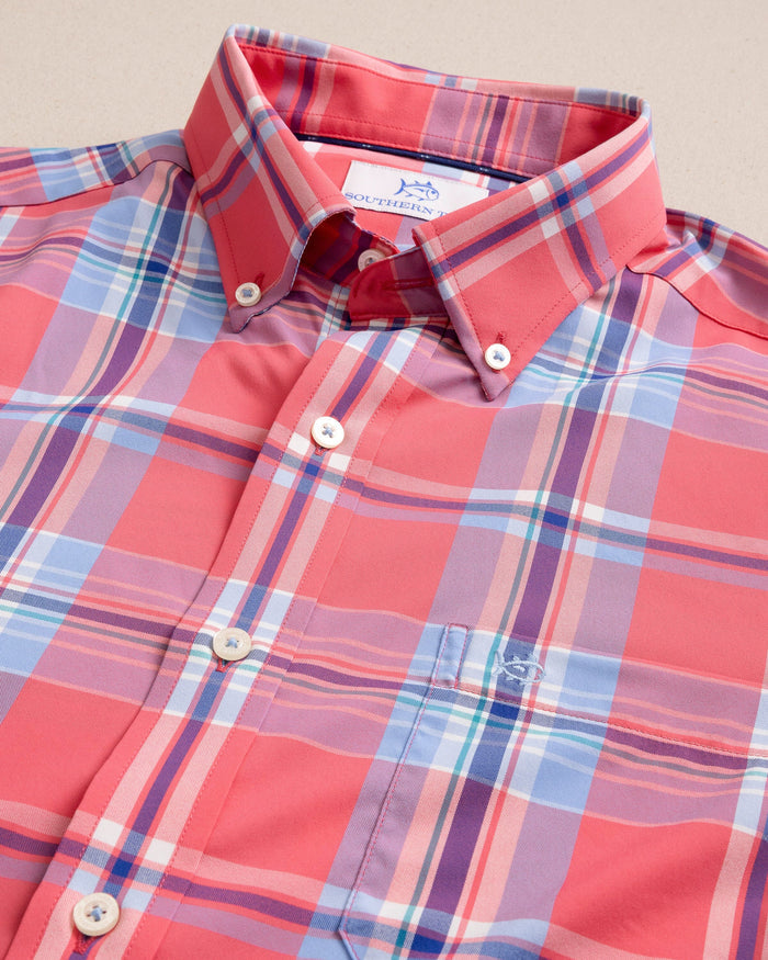 The detail view of the Southern Tide Greenview Plaid Intercoastal Long Sleeve Sport Shirt by Southern Tide - Snapper
